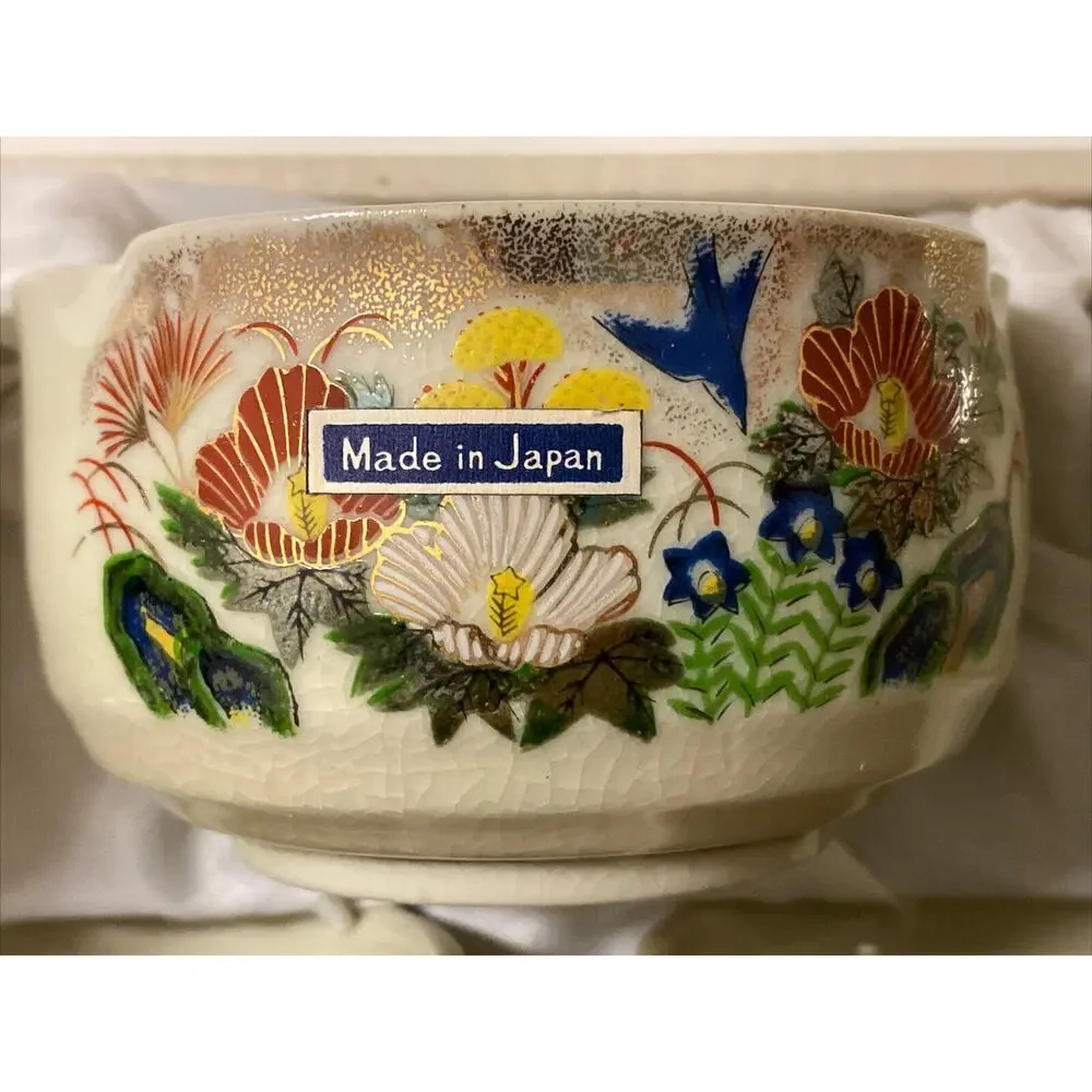 VTG Japan Sake Tea Set Cups 12 Pc‎ Beautiful Flower Design Yokohama Hand Painted